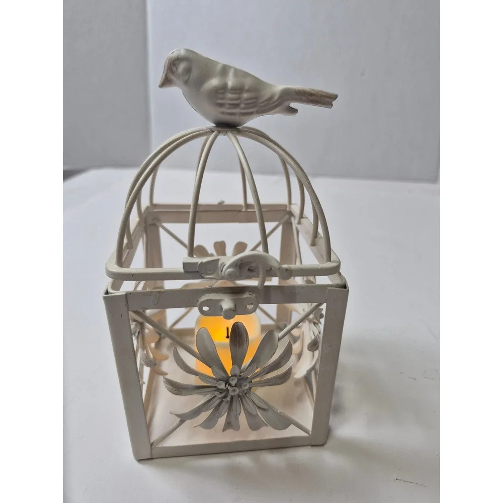Vintage Shabby Chic White Metal Birdcage Lantern Floral Tea Light Holder 6.5in